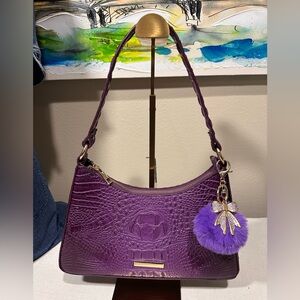 Purple Croc-Embossed Shoulder Bag with Pom Keychain